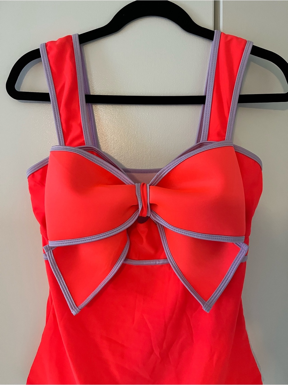 Neon Coral Bow One-Piece Swimsuit with Lavender Trim NWOT - Picture 2 of 3